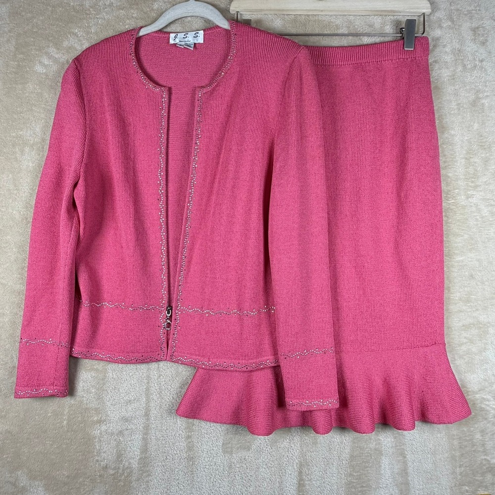 JSS Pink Wool Blend Knit Skirt Suit Rhinestone Zip Jacket Ruffle Hem Small USA